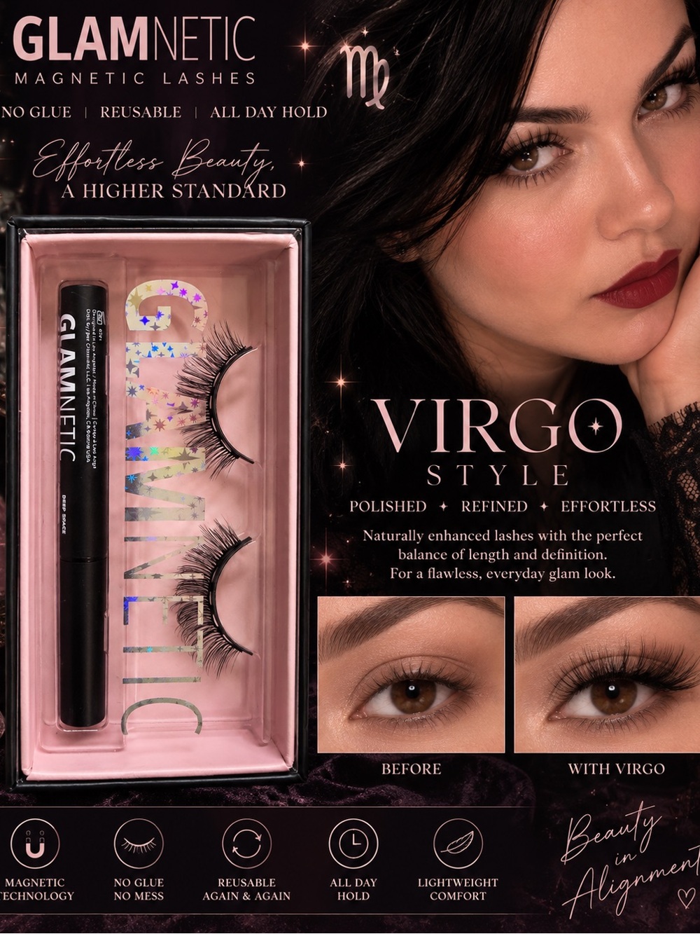 Glamnetic Magnetic Eyelashes - Virgo Beauty - Black Reuseable Faux Lashes gift